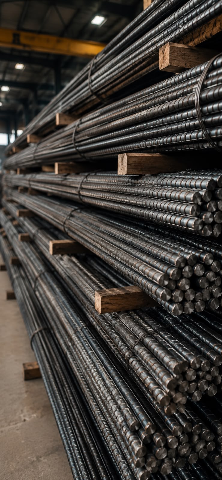 Bundled steel rebars stacked in Pakistan Steel Traders' Multan warehouse
